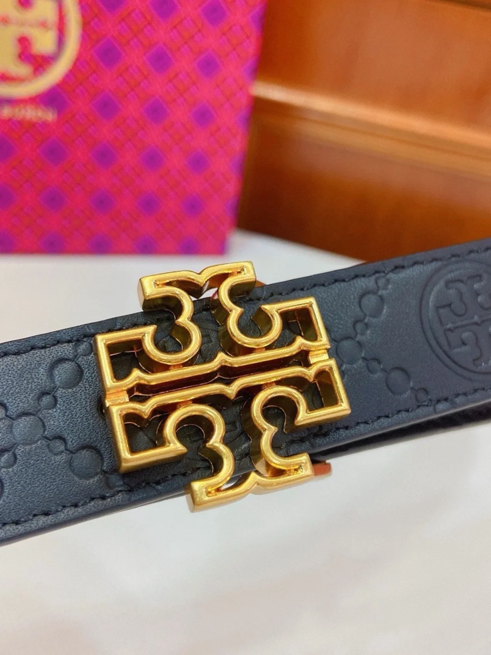 Tory Burch Navy Leather Belt with Gold Logo